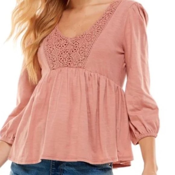 NWT Derek Heart Womens Pink Crochet Babydoll Top in Ash Rose Size S $30 B81 - Picture 1 of 2